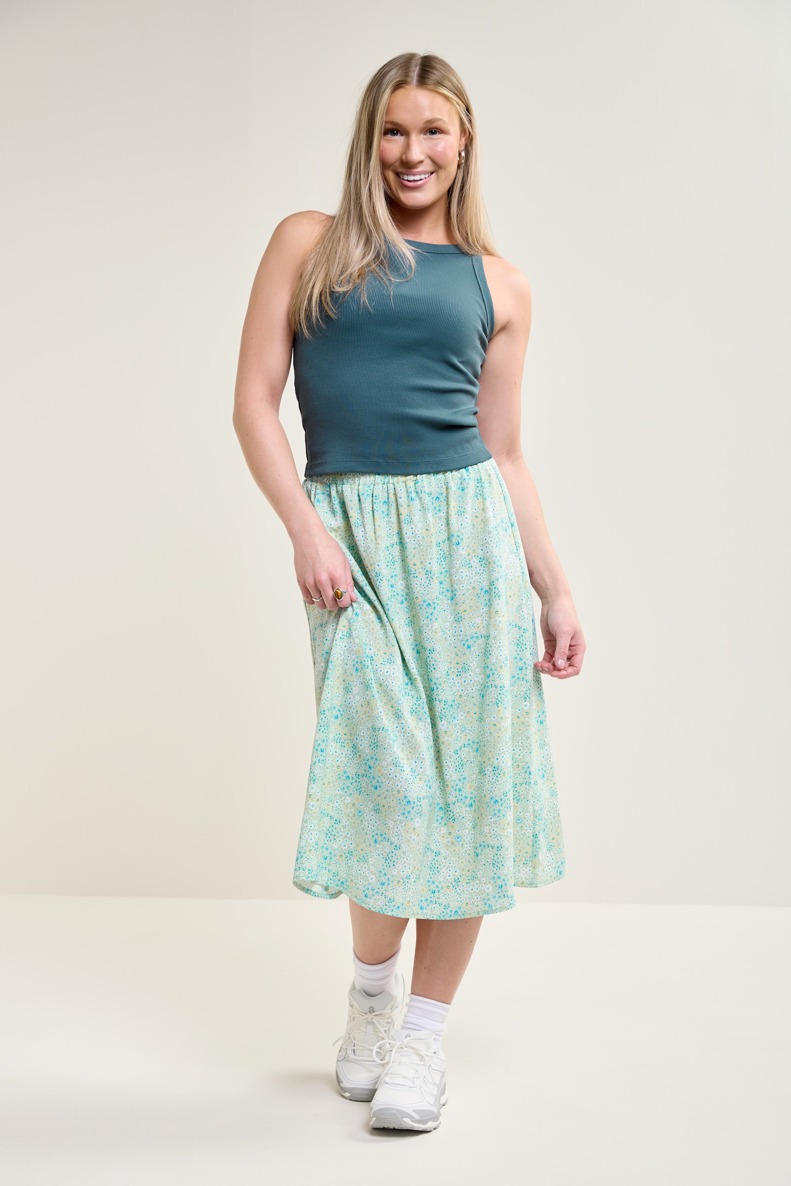 [OPEN YY] FLORAL SKIRT Lサイズ Green Floral Print Midi Skirt - 6071 | Womance