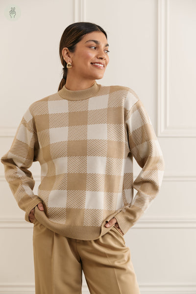 Pull jacquard à carreaux - 8089 (Seconde Main)-Recurate-Beige-M-f22c5578-64d7-44e0-9350-4fae6ace2490-WOMANCE